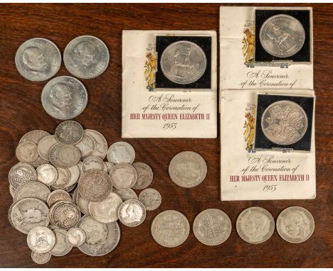 A collection of coins to include: a collection of pre-1920 English silver coins (345.9g); eight late 19th century 5 Peseta co