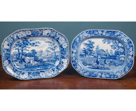 Two 19th century blue and white transfer printed meat plates, the first with a gravy drainer, decorated after painting of The