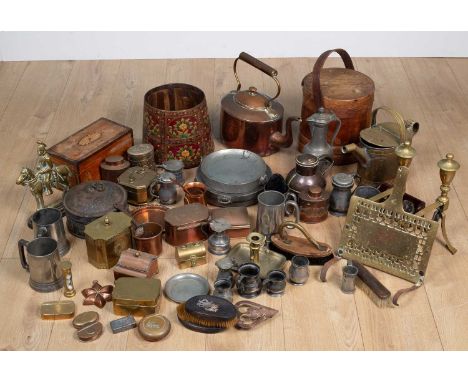 A collection of various metalware to include a brass and cast iron doorstop in the form of a cavalry officer; an old copper k