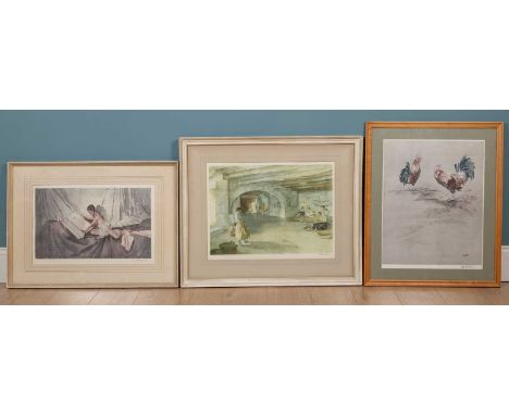 Two decorative prints by Russel Flint, both signed in the margin; together with a decorative print by Sturgeon of two chicken
