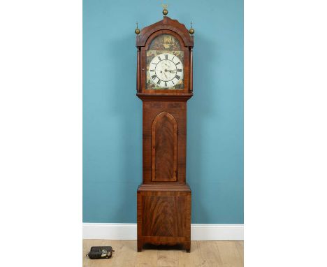 A mahogany longcase clock made by Tinkler, Newcastle, the painted face depicting The Last Supper and images of the four conti