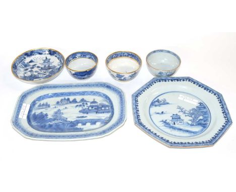 Group of Chinese porcelain wares including a late 18th Century blue and white dish, 18th Century octagonal plate and group of