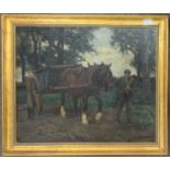 In the manner of Geoffrey Mortimer (British,1895-1986), A Shire Horse and cart is led through a
