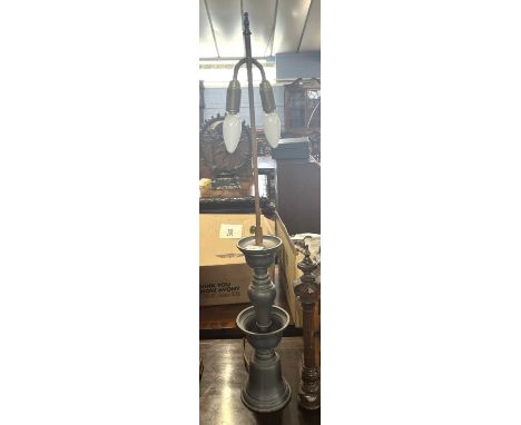 Pewter two branch table lamp of circular form, 82cm high ( Converted Chinese Alter candlestick)