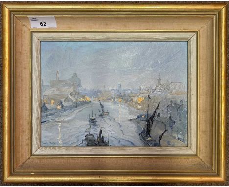 David Poole (British, b.1931), view across a river with barges and surrounding town /city scape, inscribed on backboard 'Norw