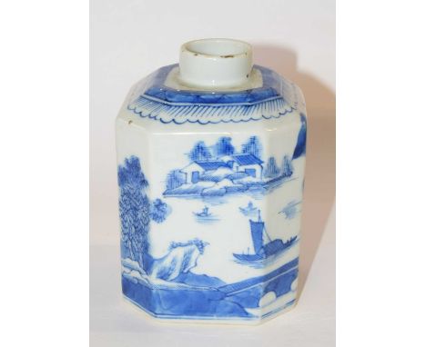 A 19th century Chinese Porcelain Octagonal Jar or Caddy with blue and white painted chinoiserie designs 4 character mark to b