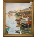 Terry Burke (British/Cornish, b.1927), View across a harbour (possibly Brixham), oil on board,
