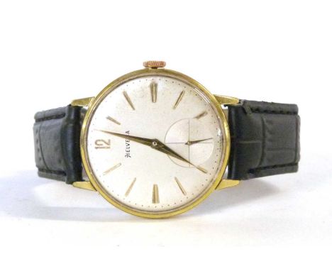 A 1960's Swiss Helvetia gentleman's skeleton-back wristwatch, with arrow hands and baton markers, subsidiary seconds dial, go