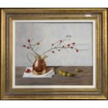 R. Wyatt (British, b.1945), Still life, oil on board, signed, 43.5x54cm, framed