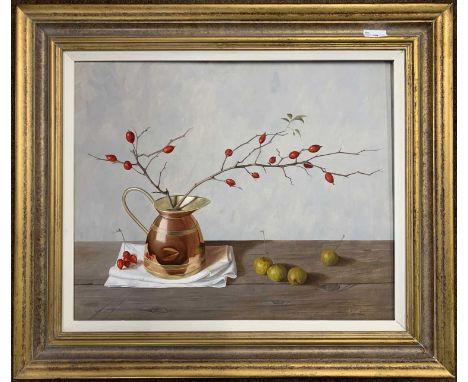 R. Wyatt (British, b.1945), Still life, oil on board, signed, 43.5x54cm, framed