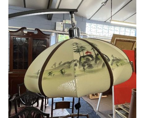 A modern Chinese floor standing lamp with decorated fabric covered shade, 180cm high