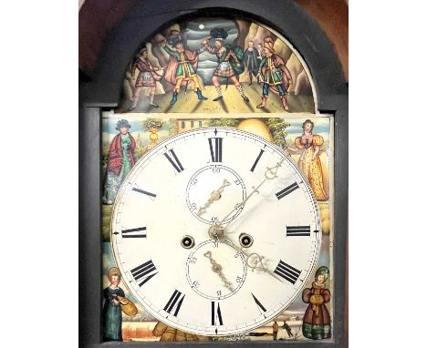 19th Century long case clock with painted arch dial (unsigned) and a eight day movement, set in a mahogany case with arched p