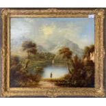 Scottish School, 20th century, A figure looks out over a highland / loch, oil on canvas, unsigned,