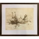 Frank Brangwyn RA RWS RBA (British,1867-1956), Tall mast ship moored on a Belgium coastline,
