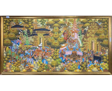 Indonesian / Balinese School (circa 20th century), Balinese / Barong parade, inscribed 'M.Subaga Lungsiakan Ubud Bali', oil o