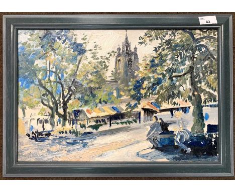 David Poole (British, b.1931), Norwich Market, impasto oil on board, initialed, 29x44.5cm, framed