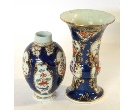 An 18th Century Worcester blue ground beaker vase with Kakiemon style decoration, 15cm high (restored) together with an 18th 