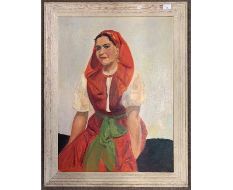 Mediterranean School, circa 20th century, Portrait of a lady wearing a red head scarf and dress, oil on canvas, 58x79cm, fram