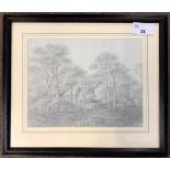 George Frost (1734-1821), View through woodland to a cottage, pencil sketch on paper, 15x20cm,