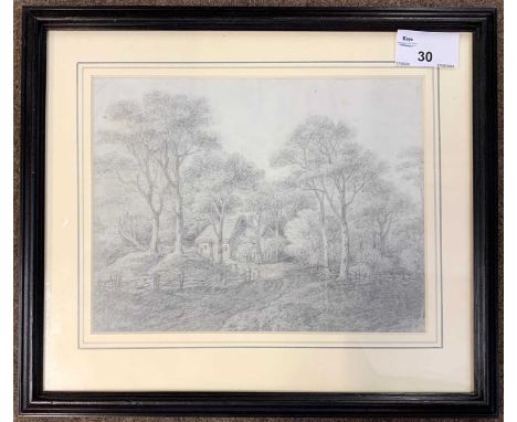 George Frost (1734-1821), View through woodland to a cottage, pencil sketch on paper, 15x20cm, framed and glazed. Abbott and 