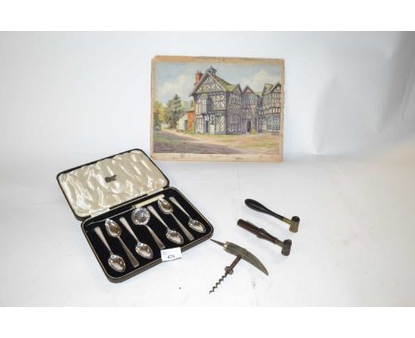 Cased set of plated Art Deco spoons complete with tea strainer together with two small brass measuring jugs with wooden handl
