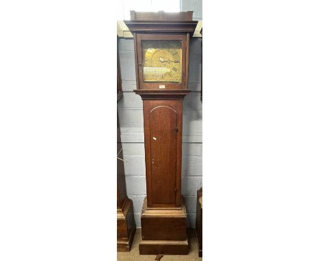 A Georgian brass faced long case clock, the face with pierced spoundrels, single hand to a brass thirty hour movement, the oa
