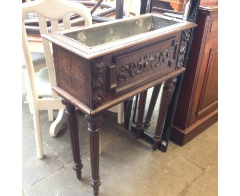 CARVED OAK FRENCH PLANTER WITH TIN LINER. W73CM