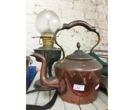 A COPPER KETTLE AND BRASS LAMP