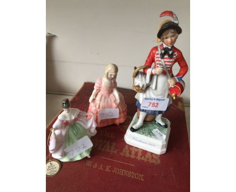 GOEBEL FIGURE AND TWO SMALL DOULTON FIGURES CCONDITION:  NO DAMAGE OR REPAIRS TO REPORT.  HEIGHTS - 20CM, 12CM, 10CM