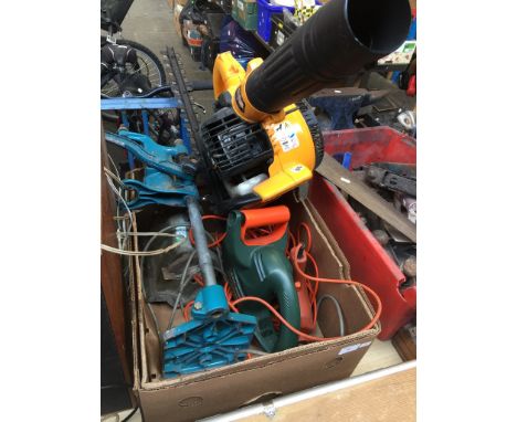 A BOX OF TOOLS, GARDEN BLOWER, HEDGE TRIMMER AND BENCH GRINDER