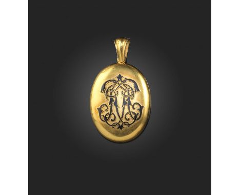 A late 19th century enamel and gold locket, C1875, the oval locket applied with a black enamel cipher and engraved with inscr