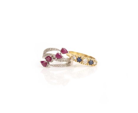 Two gem-set rings, comprising: a sapphire and diamond five-stone ring mounted in 18ct gold, size S, British hallmarks; and a 
