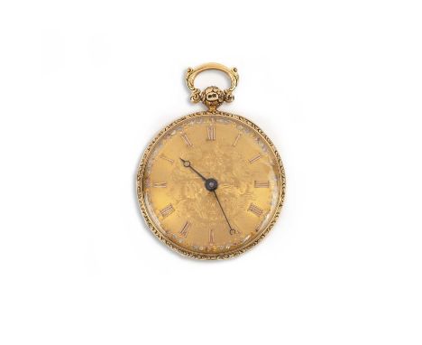 A Regency 18ct gold pocket watch, with elaborate scroll engraved dial and three colour gold border, applied Roman numerals an