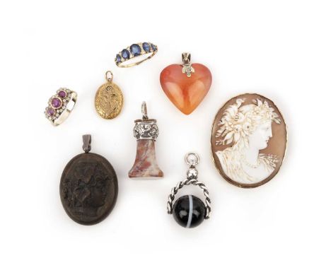 A collection of jewels, comprising: a ring set with three circular-cut rubies within borders of brilliant-cut diamonds, mount