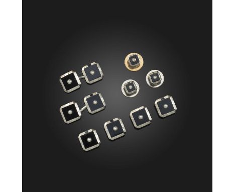 An Art Deco onyx and seed pearl dress set, first half 20th century, comprising: a pair of cufflinks, four buttons, two collar