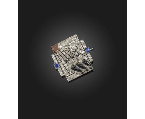 An attractive Art Deco gem-set brooch, circa 1925, designed as a geometric plaque, pierced with a design of three singing bir