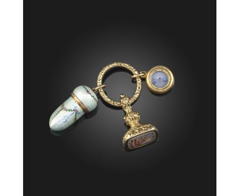A fob seal, compass and enamel pendant, mid 19th century, comprising: a screw-topped patch case applied with pale blue guillo
