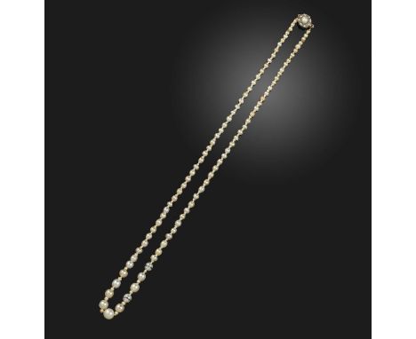 A natural pearl necklace, early 20th century, designed as a single strand of graduated natural, cultured and seed pearls meas