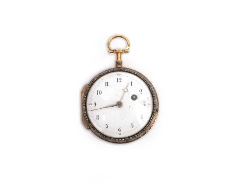 A gold key wind verge watch, probabaly French, white enamel dial with black Arabic numerals, the back plate pierced with a cr