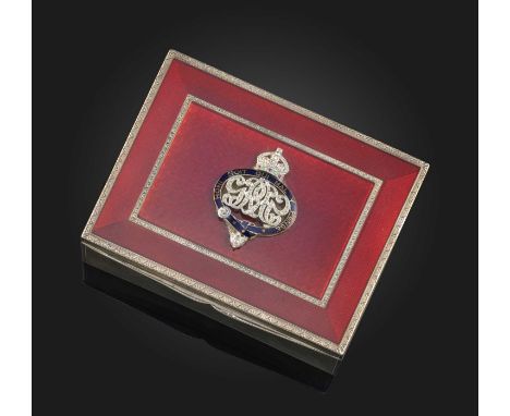 A silver, gem-set and enamel Grenadier Guards jewellery box, early 20th century, of rectangular outline, the lid applied with