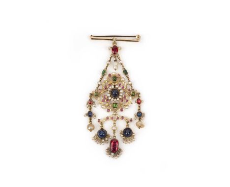 A gem-set and pearl brooch, India, late 19th/early 20th century, of chandelier design composed of foliate scrollwork in gold,