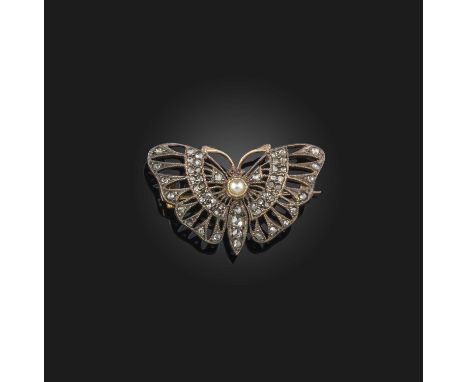 A pearl and diamond brooch, circa 1900, designed as a butterfly, its body and openwork wings set with rose-cut diamonds, its 