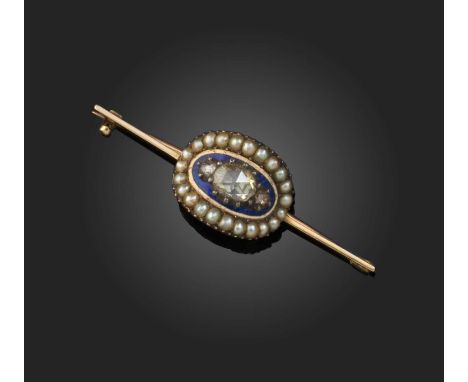 An enamel, diamond and seed pearl brooch, late 18th century and later, centring on a curved panel set with rose-cut diamonds,