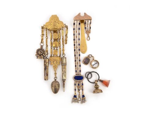 A group of jewels and accessories, 19th century, comprising: a gold and gilt silver chatelaine, suspending two pendants with 