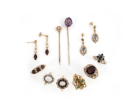 A collection of gem-set jewels, comprising: an opal and diamond cluster ring and a sapphire and diamond cluster ring in 18ct 