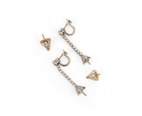 A pair of diamond earring mounts and a pair of diamond pearl caps, the early 20th century earring mounts composed of a line o