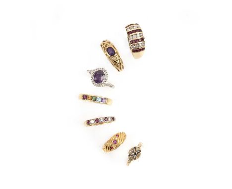 A collection of seven gem-set rings, comprising: an 18ct gold ruby and diamond half-hoop ring, size O1/2, British hallmarks; 