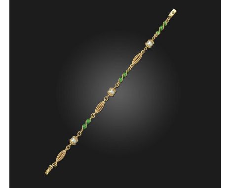 A gold, cultured pearl and enamel bracelet, mid 20th century, composed of fancy linking in gold rope twist, applied with gree