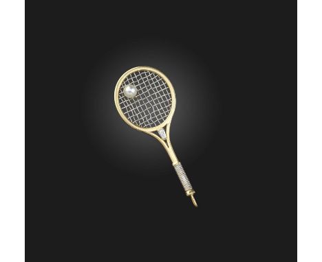 A gold and diamond tennis racket pendant, set in yellow and white gold, with a tapered baguette-shaped diamond and a cultured