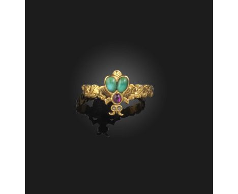 A rare late Georgian turquoise, ruby and diamond ring, 1830s, designed as a bee, set with ruby and turquoise cabochons and ro